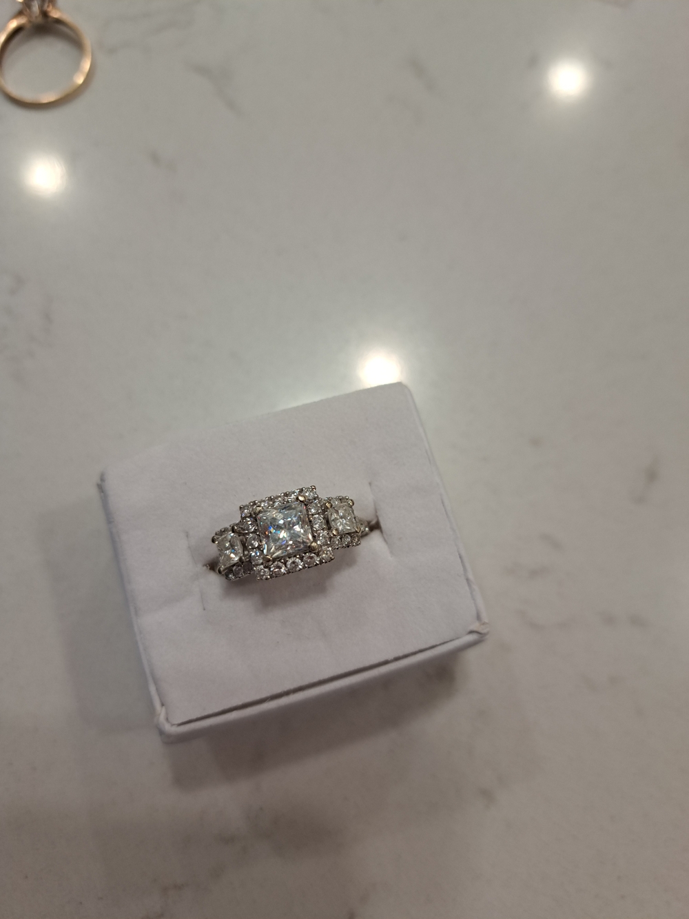 14k White Gold 3 Stone Halo Engagement Ring